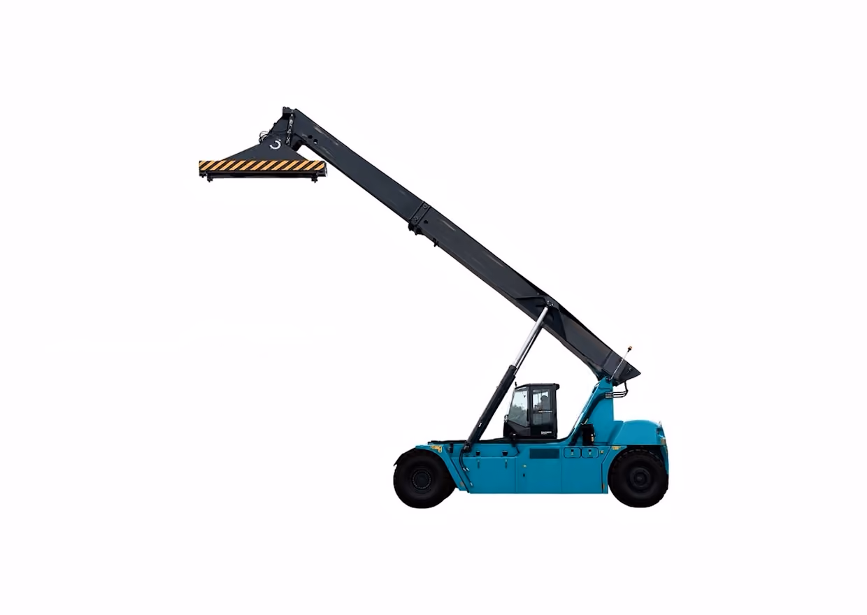 Blue reach stacker lifting a gray shipping container with extended arm against white background.
